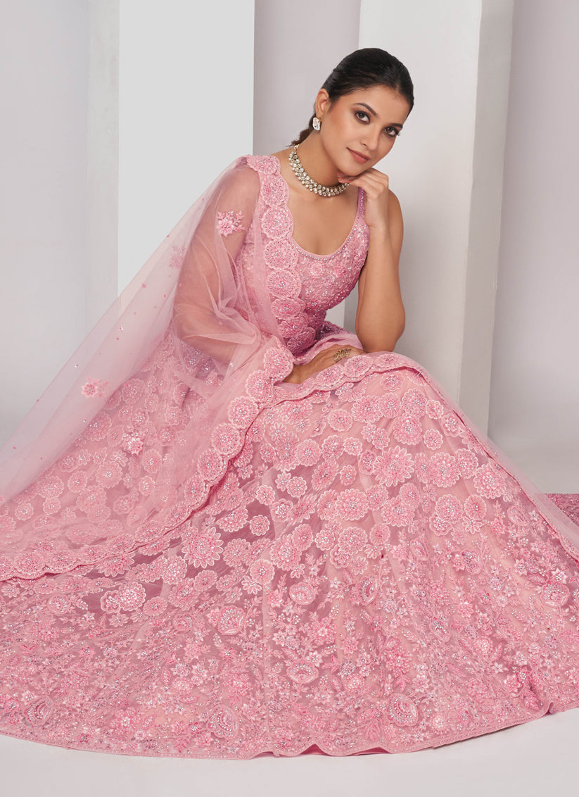 Pink Soft Net Embroidered Wedding Lehenga Choli