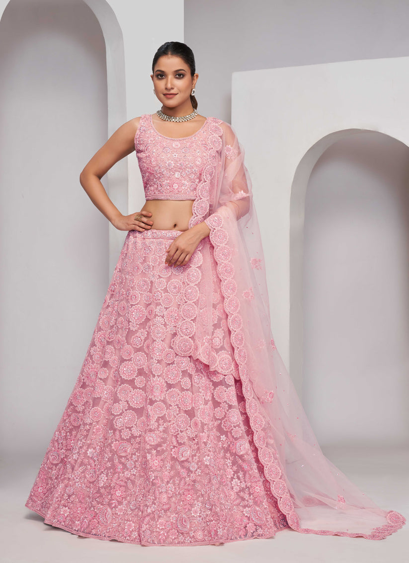 Pink Soft Net Embroidered Wedding Lehenga Choli