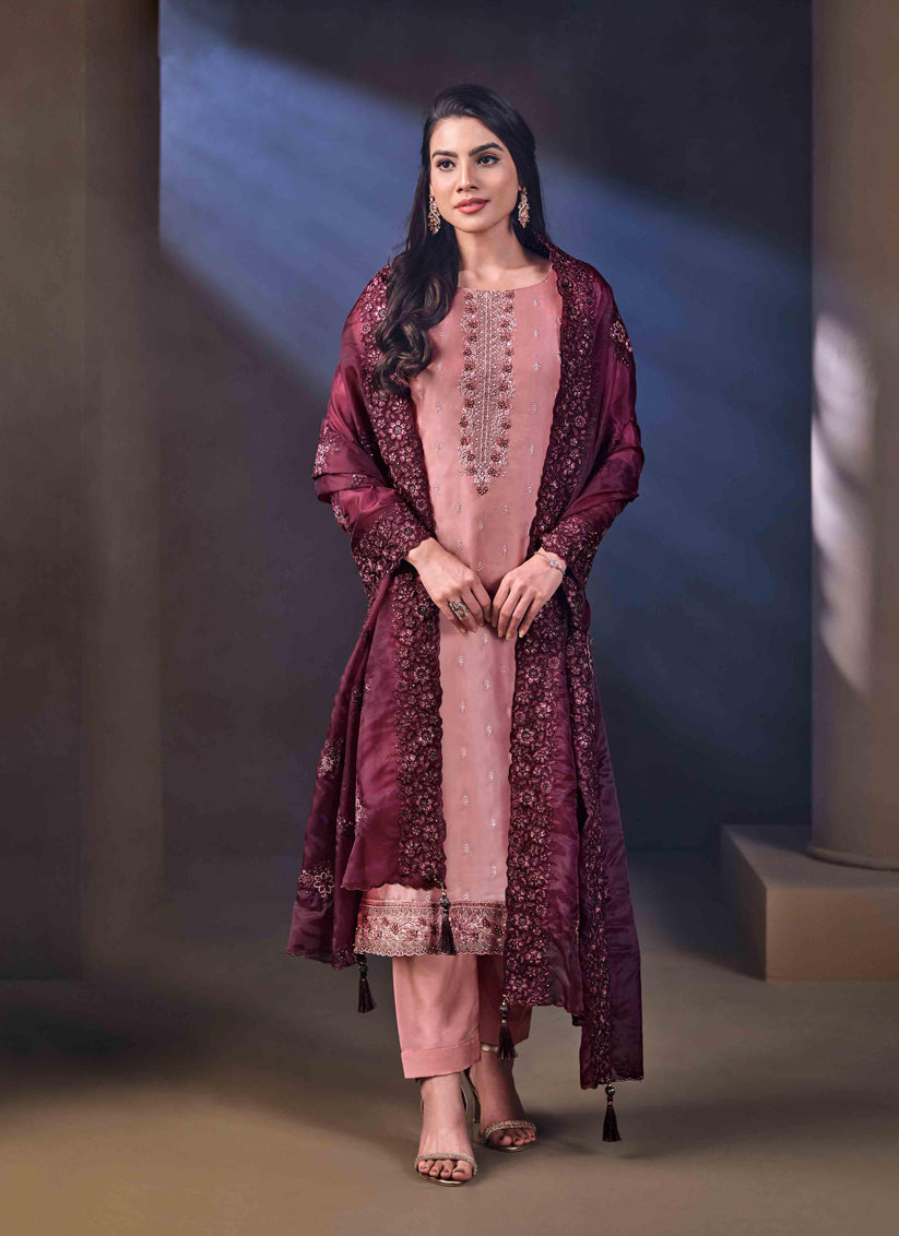 Pink Organza Embroidered Salwar Kameez Suit