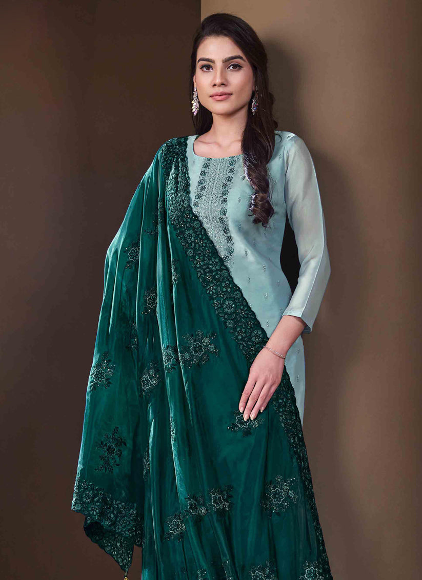 Sky Blue Organza Embroidered Salwar Kameez Suit