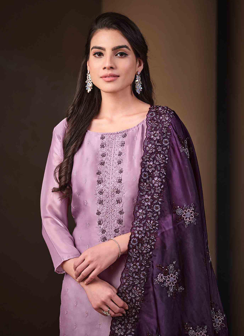 Lavender Organza Embroidered Salwar Kameez Suit