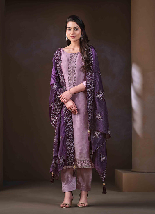 Lavender Organza Embroidered Salwar Kameez Suit