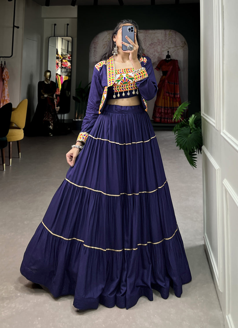 Navy Blue Pure Rayon Gamthi Work Navratri Specials Chaniya Choli with Jacket