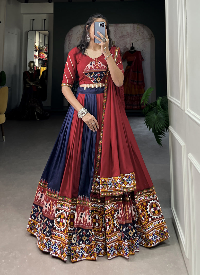 Maroon and Navy Blue Rayon Gamthi Work Navratri Specials Chaniya Choli