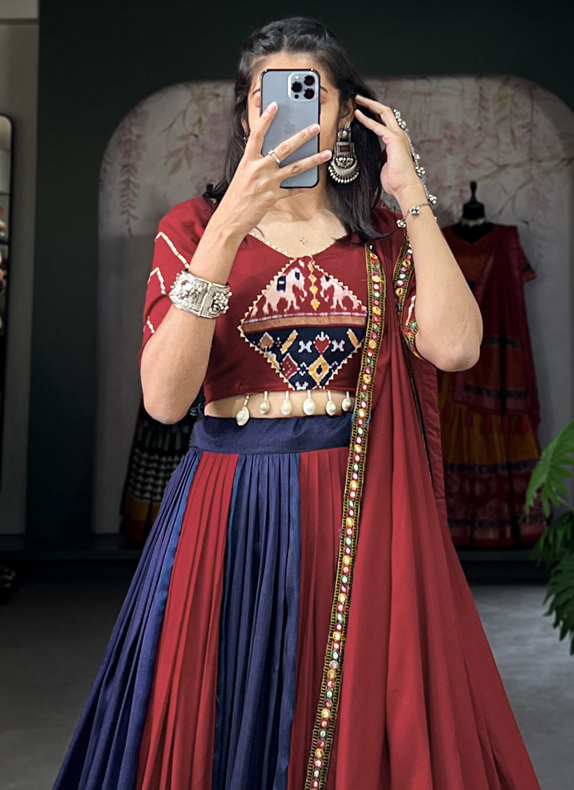 Maroon and Navy Blue Rayon Gamthi Work Navratri Specials Chaniya Choli