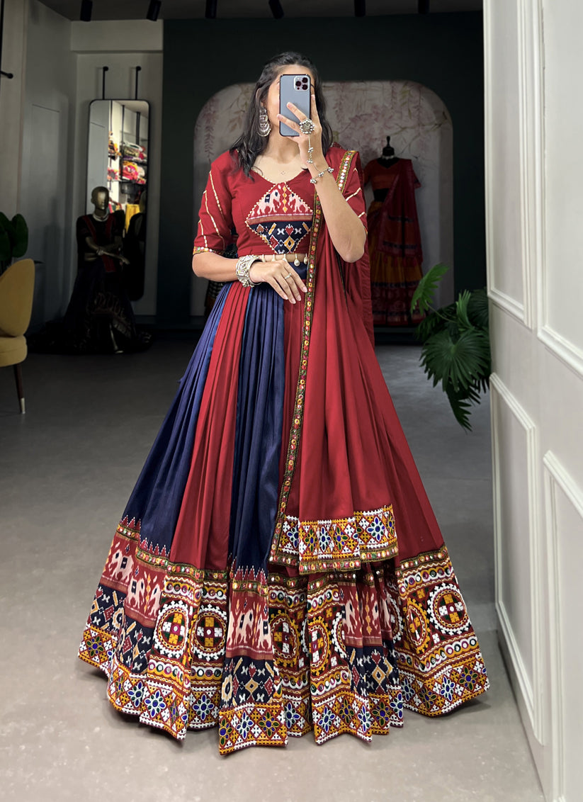 Maroon and Navy Blue Rayon Gamthi Work Navratri Specials Chaniya Choli