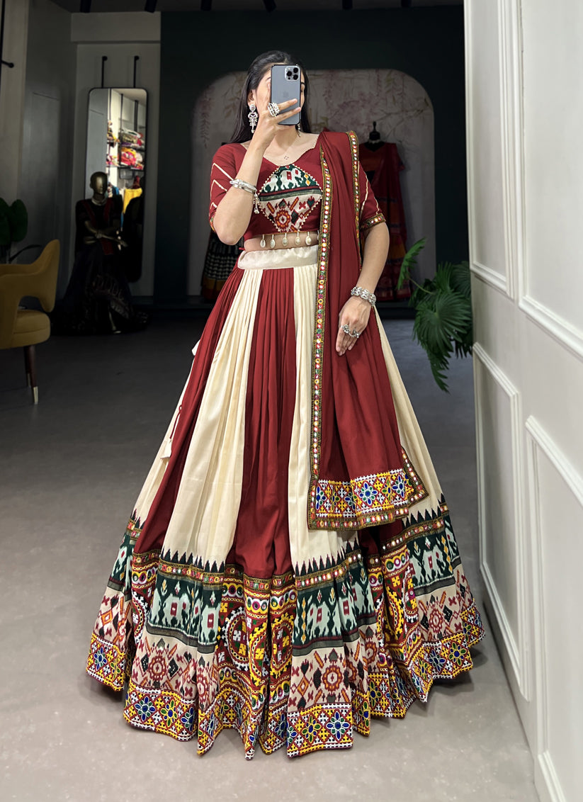 Maroon and Cream Rayon Gamthi Work Navratri Specials Chaniya Choli