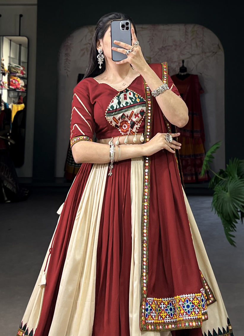 Maroon and Cream Rayon Gamthi Work Navratri Specials Chaniya Choli