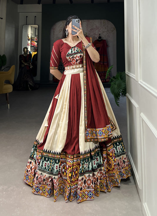 Maroon and Cream Rayon Gamthi Work Navratri Specials Chaniya Choli