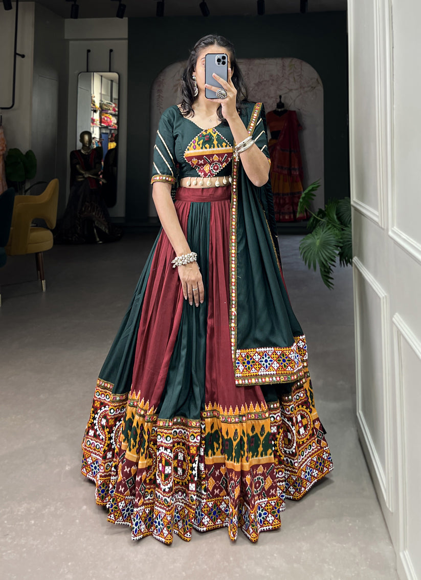 Maroon and Teal Green Rayon Gamthi Work Navratri Specials Chaniya Choli