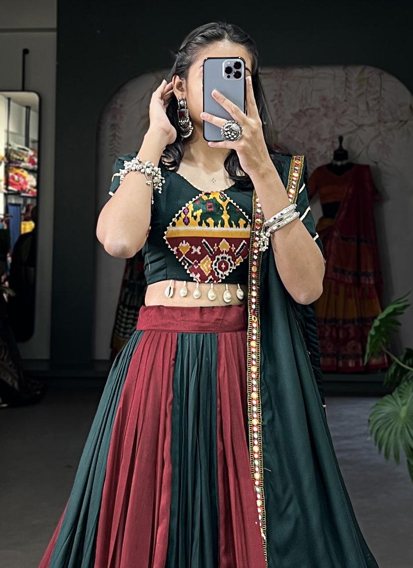 Maroon and Teal Green Rayon Gamthi Work Navratri Specials Chaniya Choli