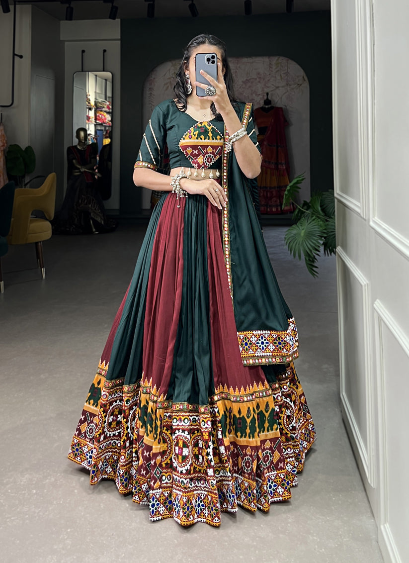 Maroon and Teal Green Rayon Gamthi Work Navratri Specials Chaniya Choli