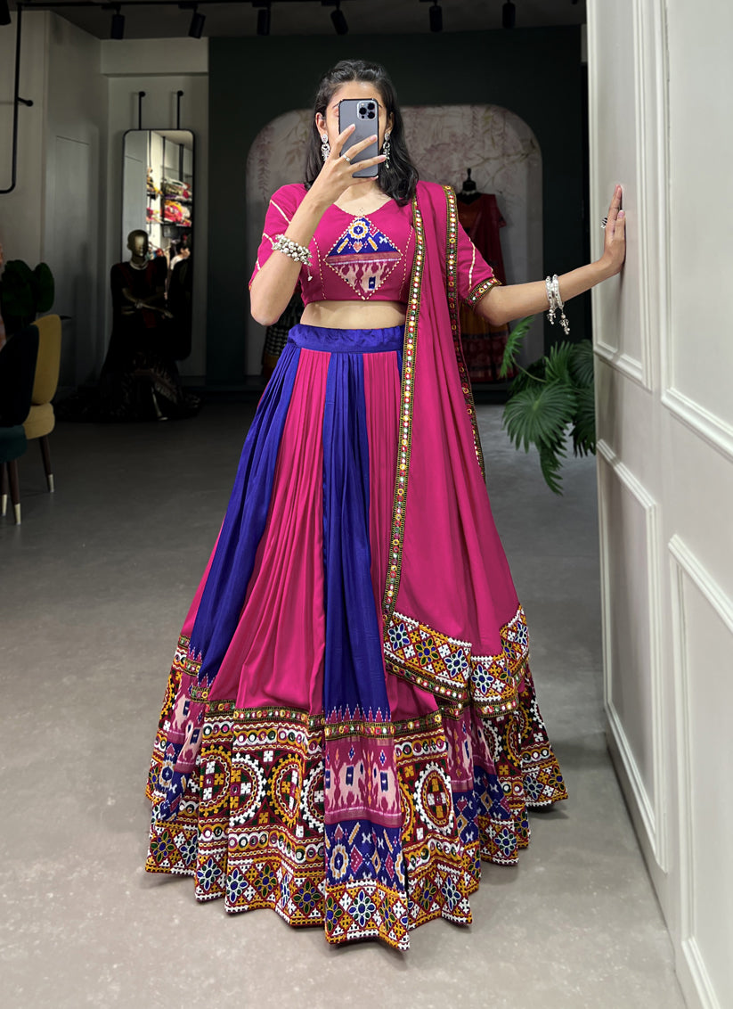 Rani Pink and Violet Rayon Gamthi Work Navratri Specials Chaniya Choli