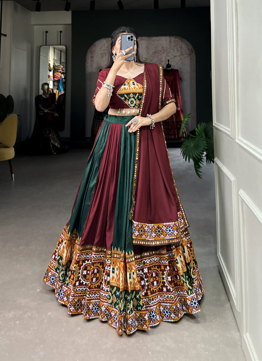 Maroon and Pine Green Rayon Gamthi Work Navratri Specials Chaniya Choli