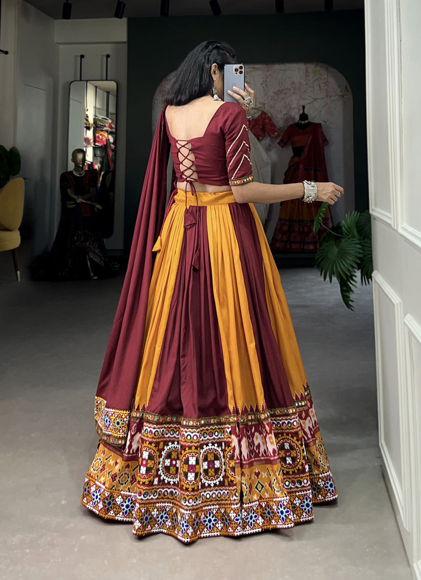 Maroon and Golden Yellow Rayon Gamthi Work Navratri Specials Chaniya Choli