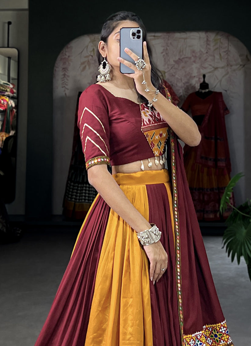 Maroon and Golden Yellow Rayon Gamthi Work Navratri Specials Chaniya Choli