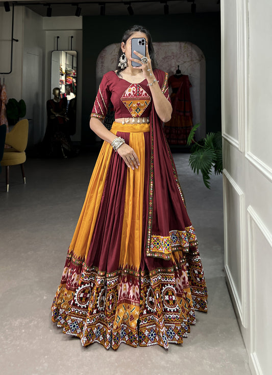 Maroon and Golden Yellow Rayon Gamthi Work Navratri Specials Chaniya Choli