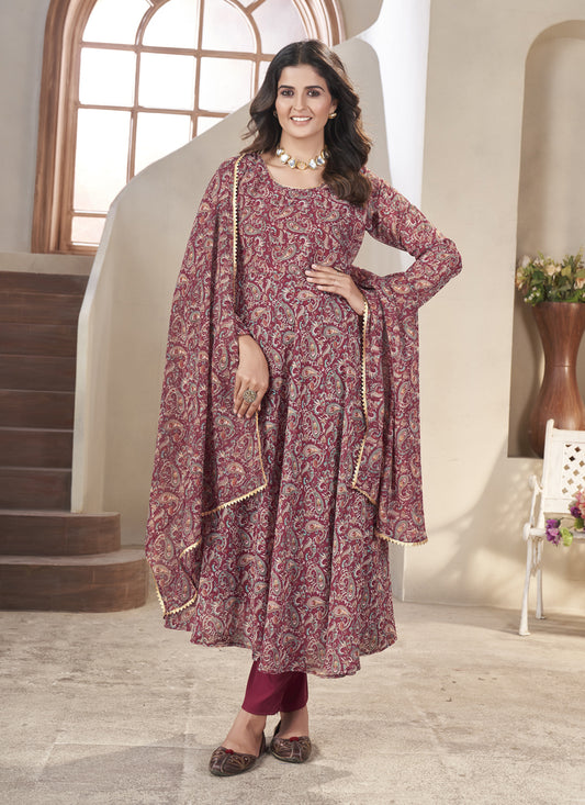 Maroon Georgette Printed Readymade Anarkali Suit