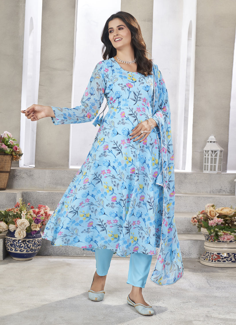 Ice Blue Georgette Printed Readymade Anarkali Suit