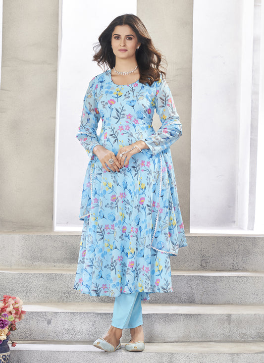 Ice Blue Georgette Printed Readymade Anarkali Suit