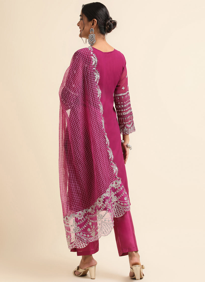 Purple Faux Georgette Embroidered Pant Kameez Suit