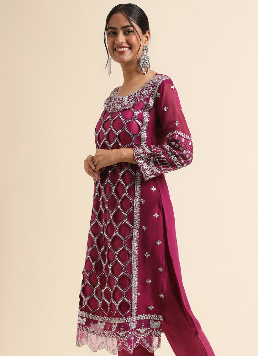 Purple Faux Georgette Embroidered Pant Kameez Suit