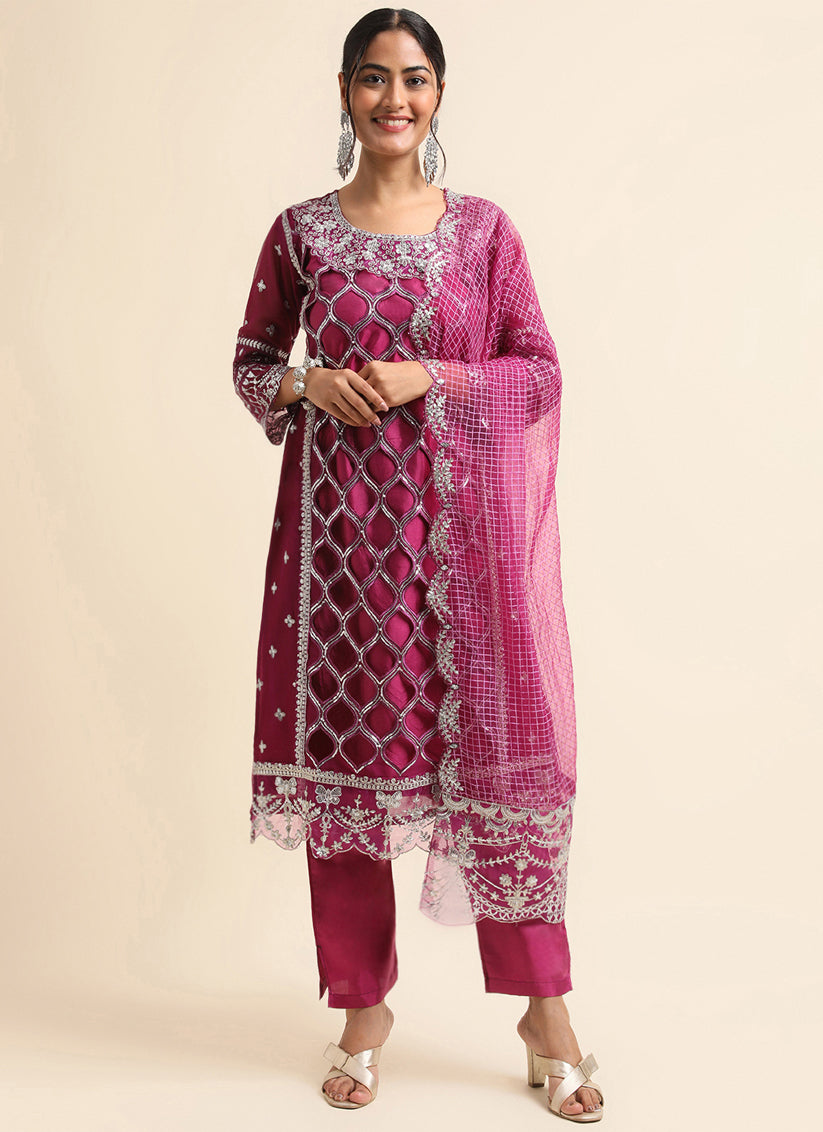 Purple Faux Georgette Embroidered Pant Kameez Suit