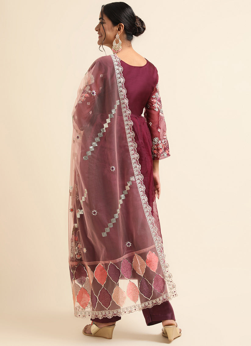 Wine Organza Embroidered Pant Kameez Suit