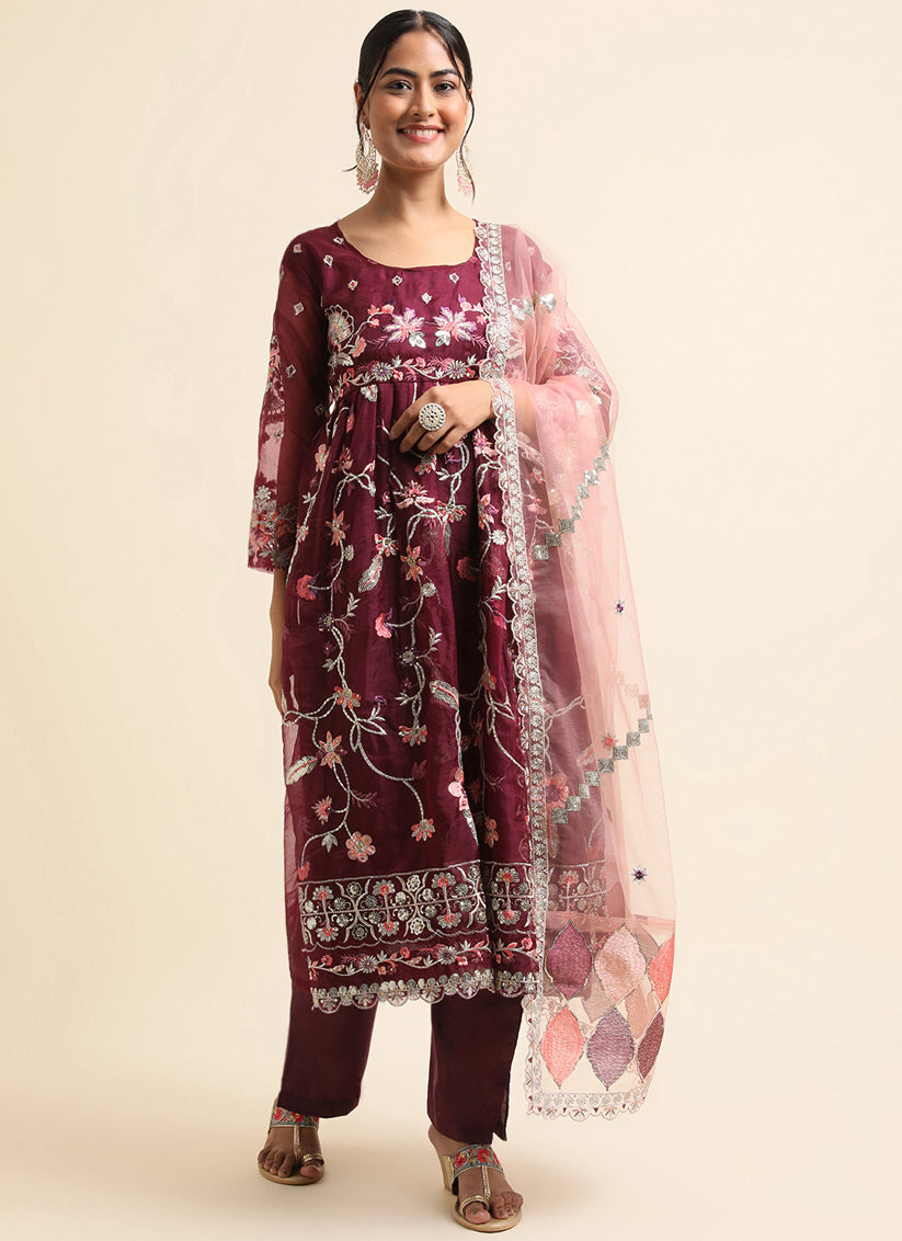 Wine Organza Embroidered Pant Kameez Suit