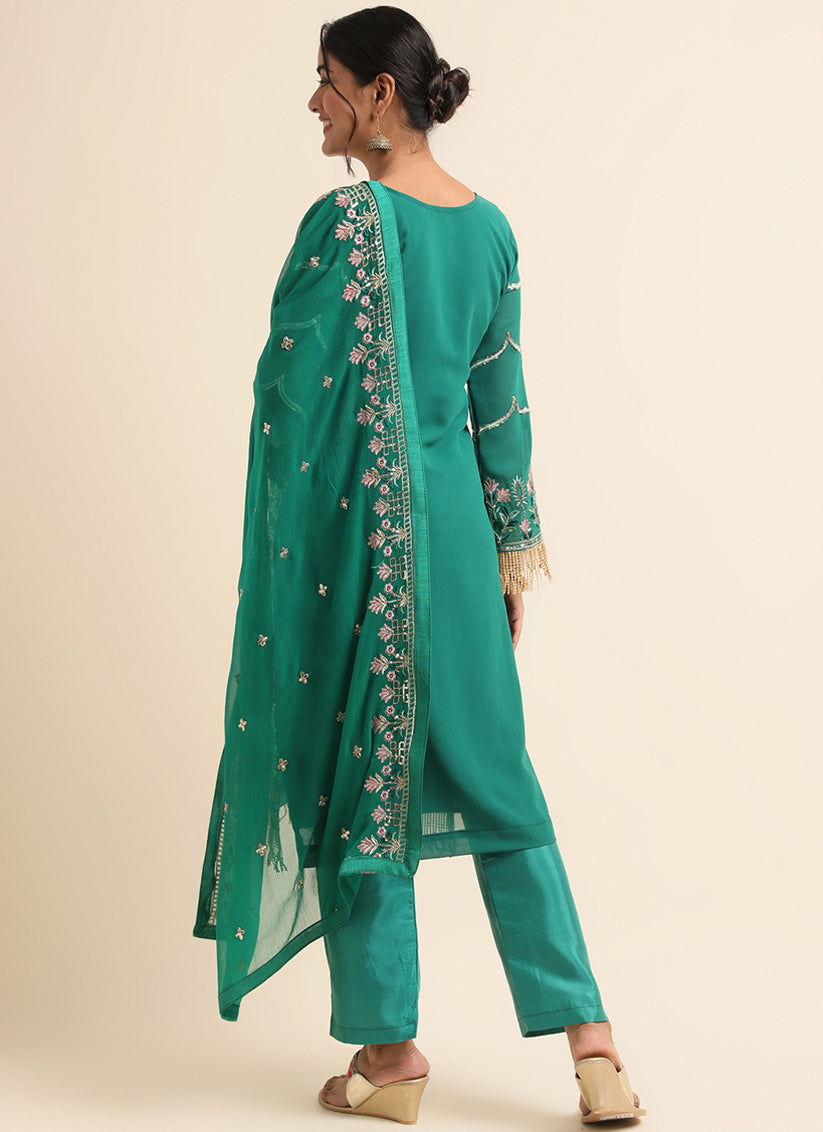 Green Faux Georgette Embroidered Pant Kameez Suit