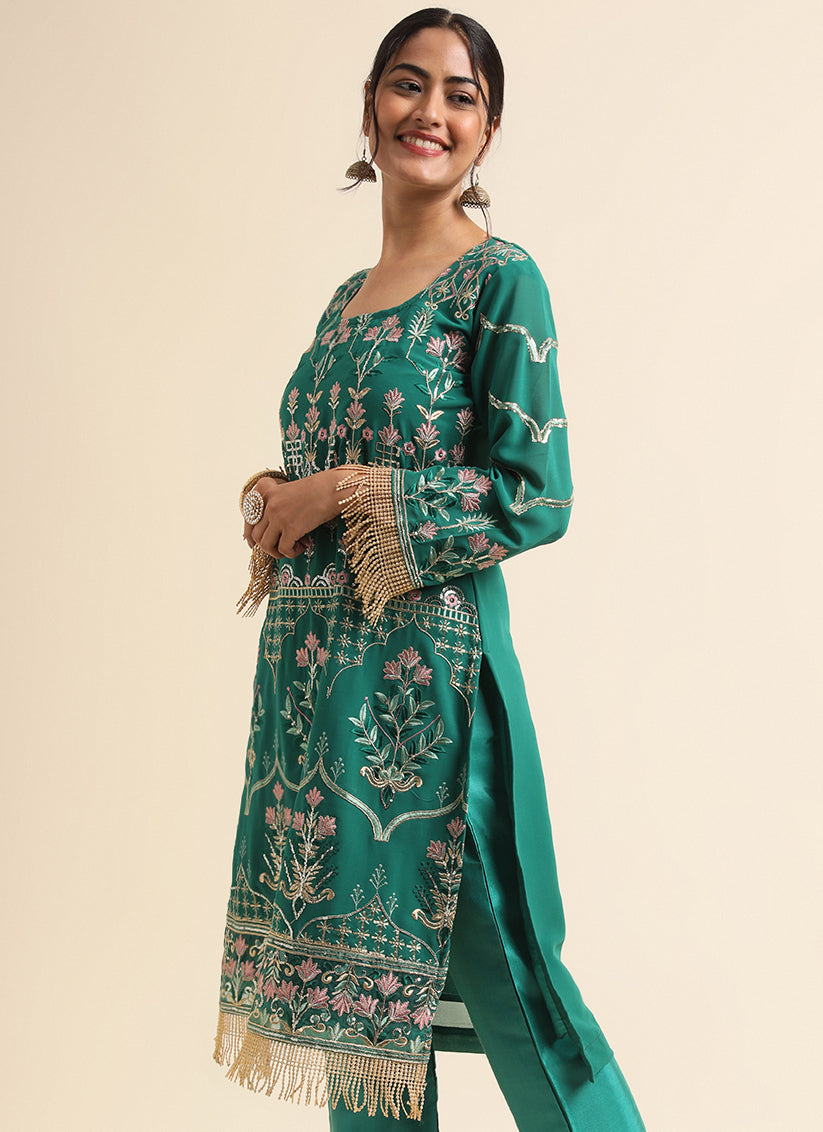 Green Faux Georgette Embroidered Pant Kameez Suit