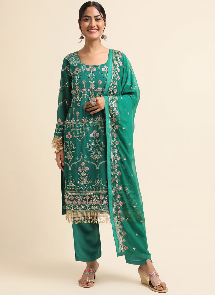 Green Faux Georgette Embroidered Pant Kameez Suit