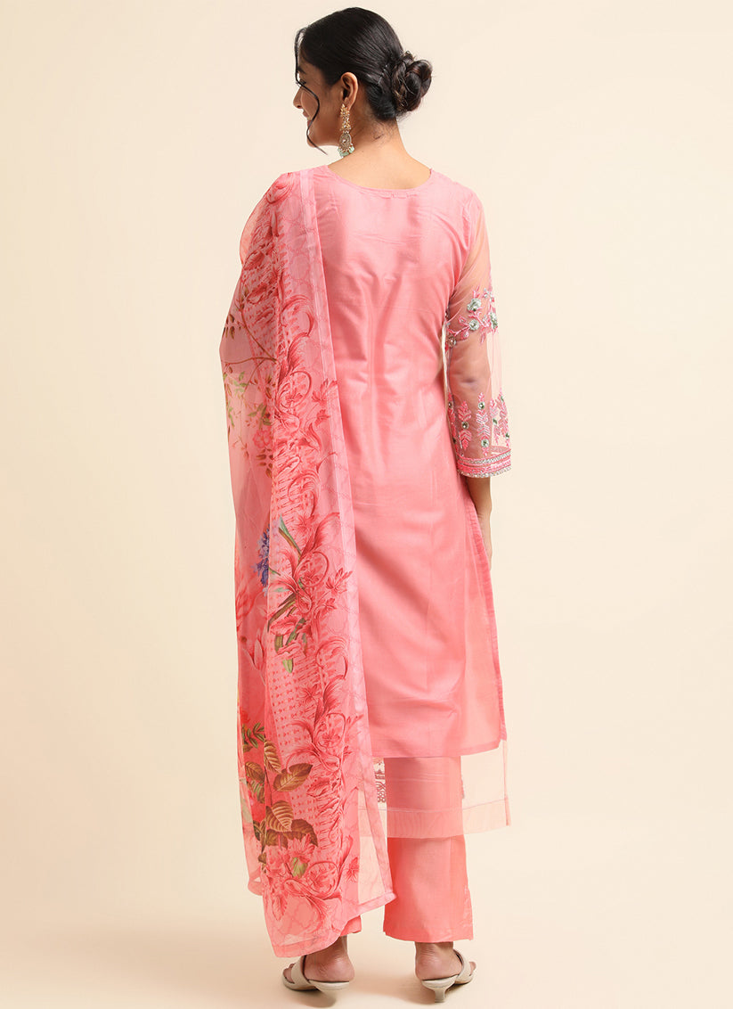 Pink Net Embroidered Pant Kameez Suit