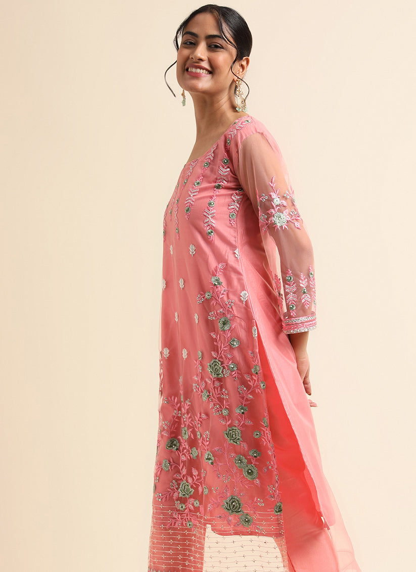 Pink Net Embroidered Pant Kameez Suit