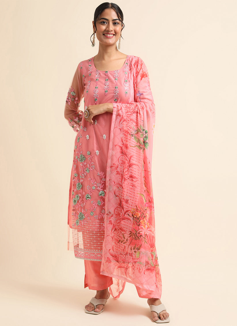 Pink Net Embroidered Pant Kameez Suit