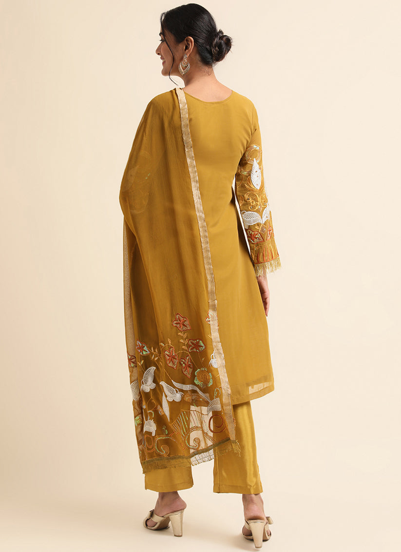 Mustard Faux Georgette Embroidered Pant Kameez Suit