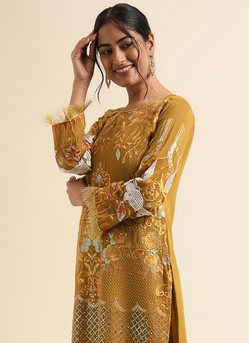 Mustard Faux Georgette Embroidered Pant Kameez Suit