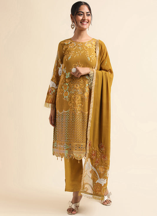 Mustard Faux Georgette Embroidered Pant Kameez Suit