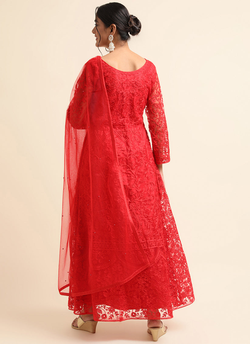 Red Net Embroidered Anarkali Style Suit