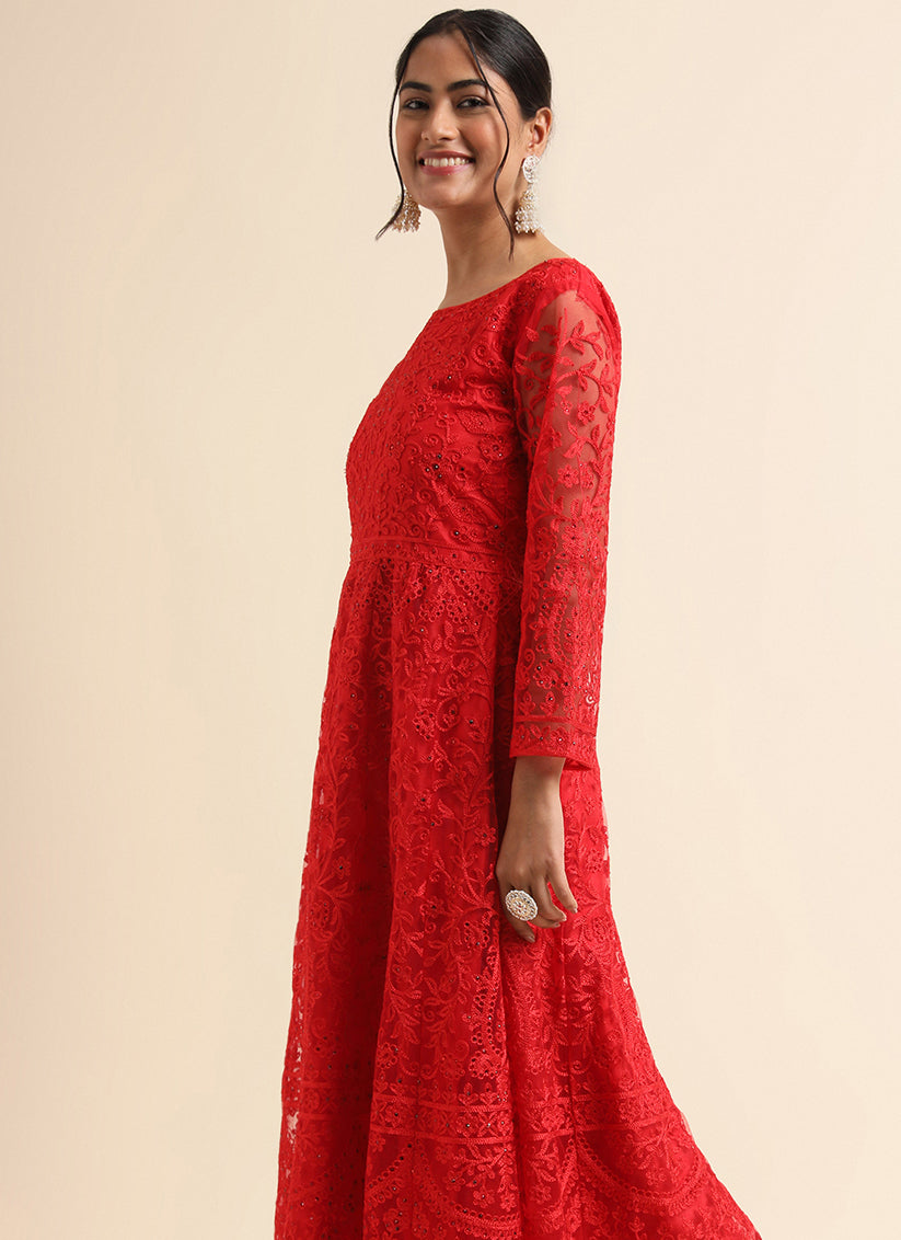 Red Net Embroidered Anarkali Style Suit