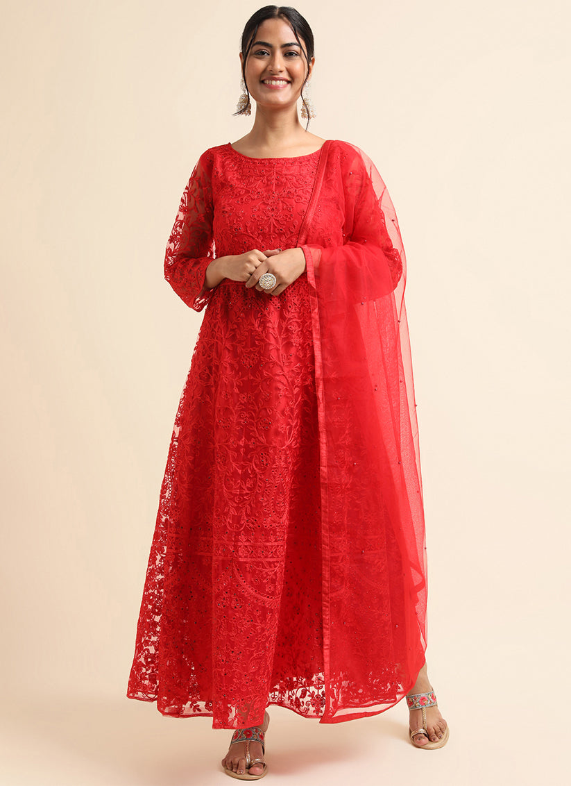 Red Net Embroidered Anarkali Style Suit