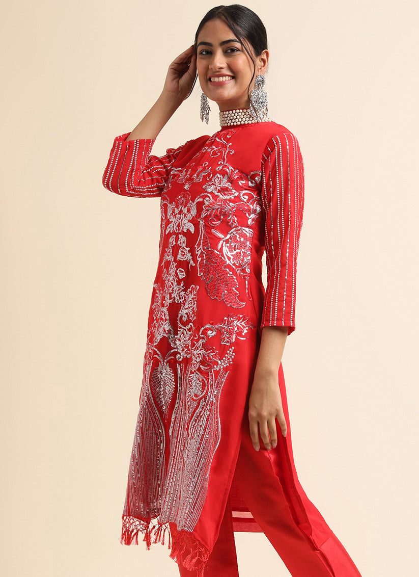 Red Faux Georgette Embroidered Pant Kameez Suit