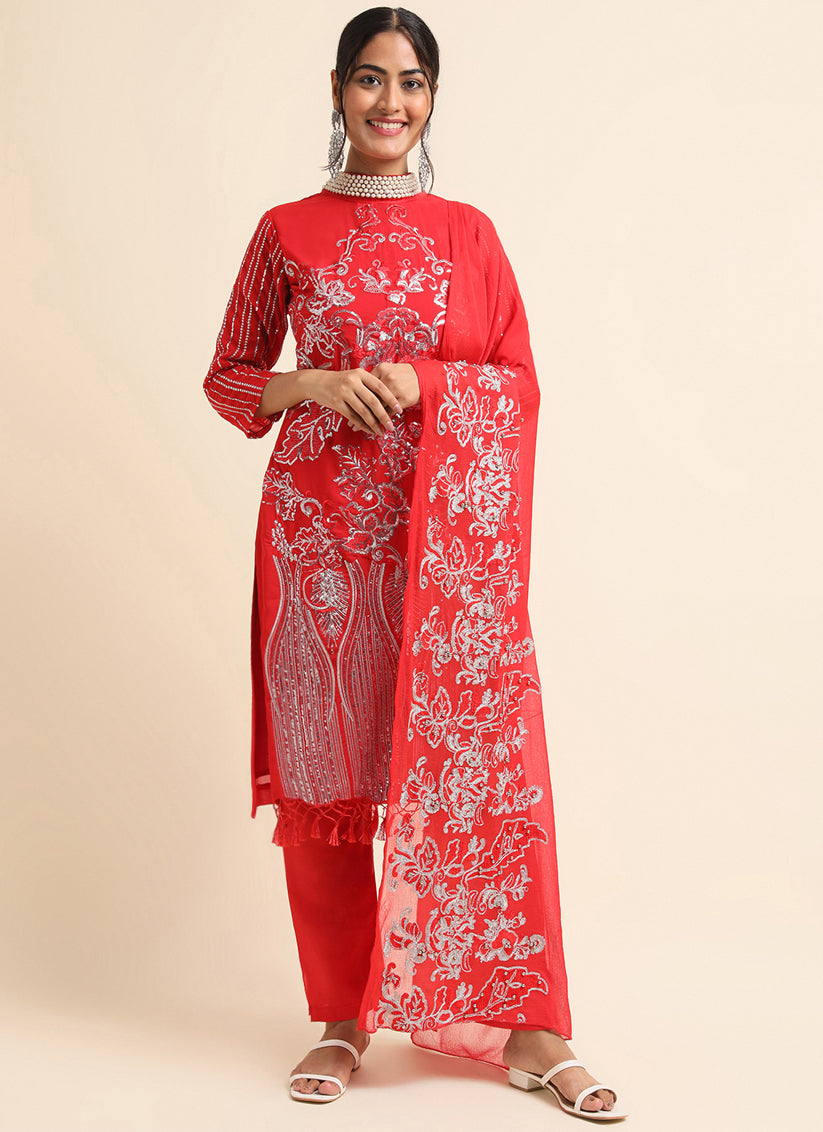 Red Faux Georgette Embroidered Pant Kameez Suit