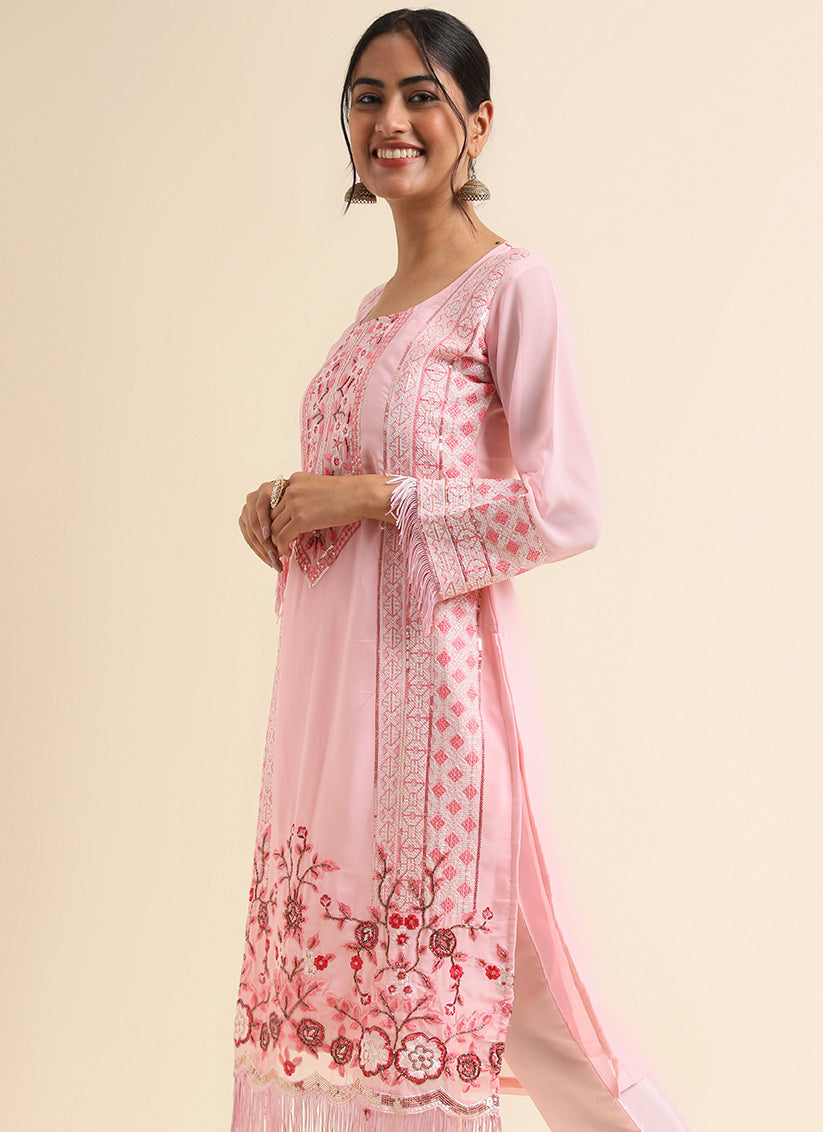 Light Pink Faux Georgette Embroidered Pant Kameez Suit