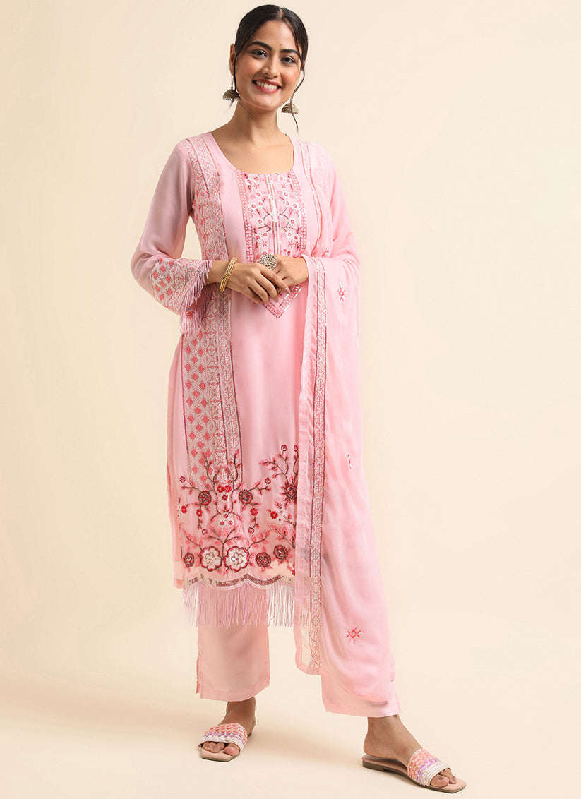 Light Pink Faux Georgette Embroidered Pant Kameez Suit