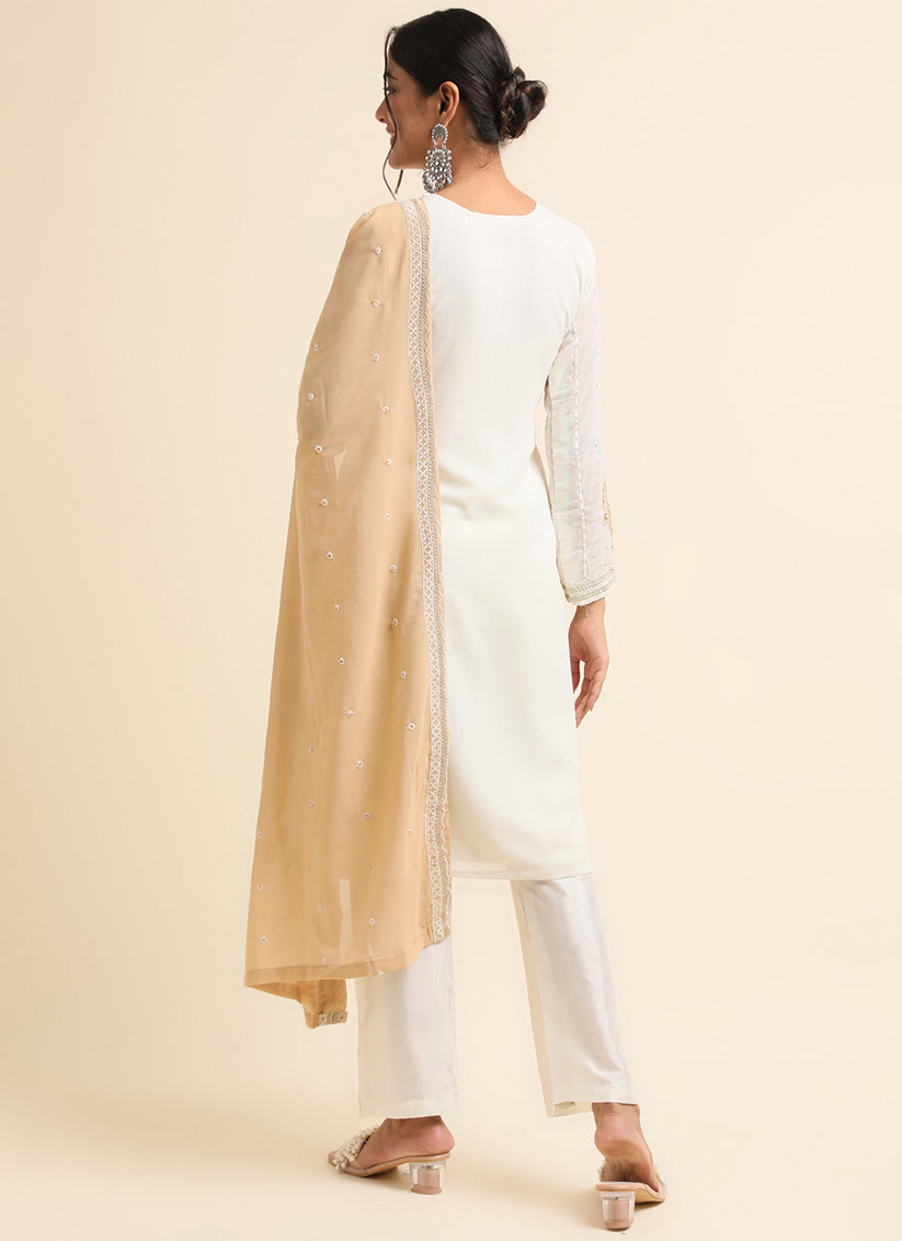 Off White Faux Georgette Embroidered Pant Kameez Suit