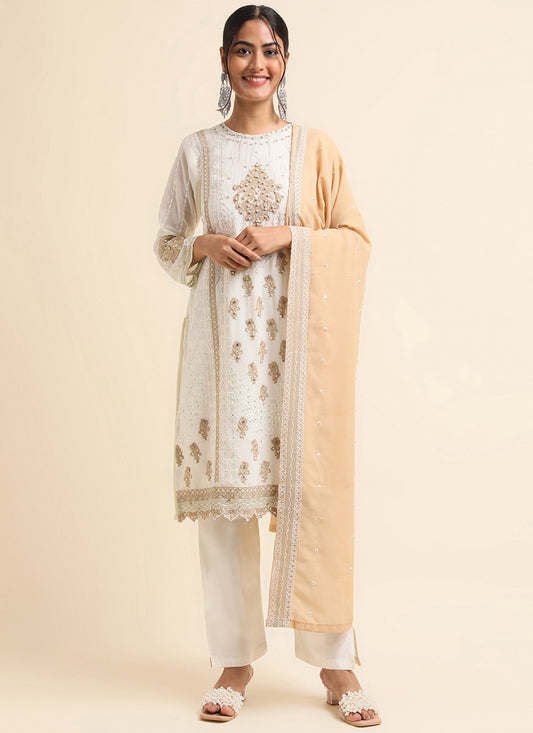 Off White Faux Georgette Embroidered Pant Kameez Suit