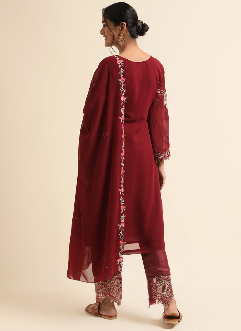 Maroon Faux Georgette Embroidered Pant Kameez Suit