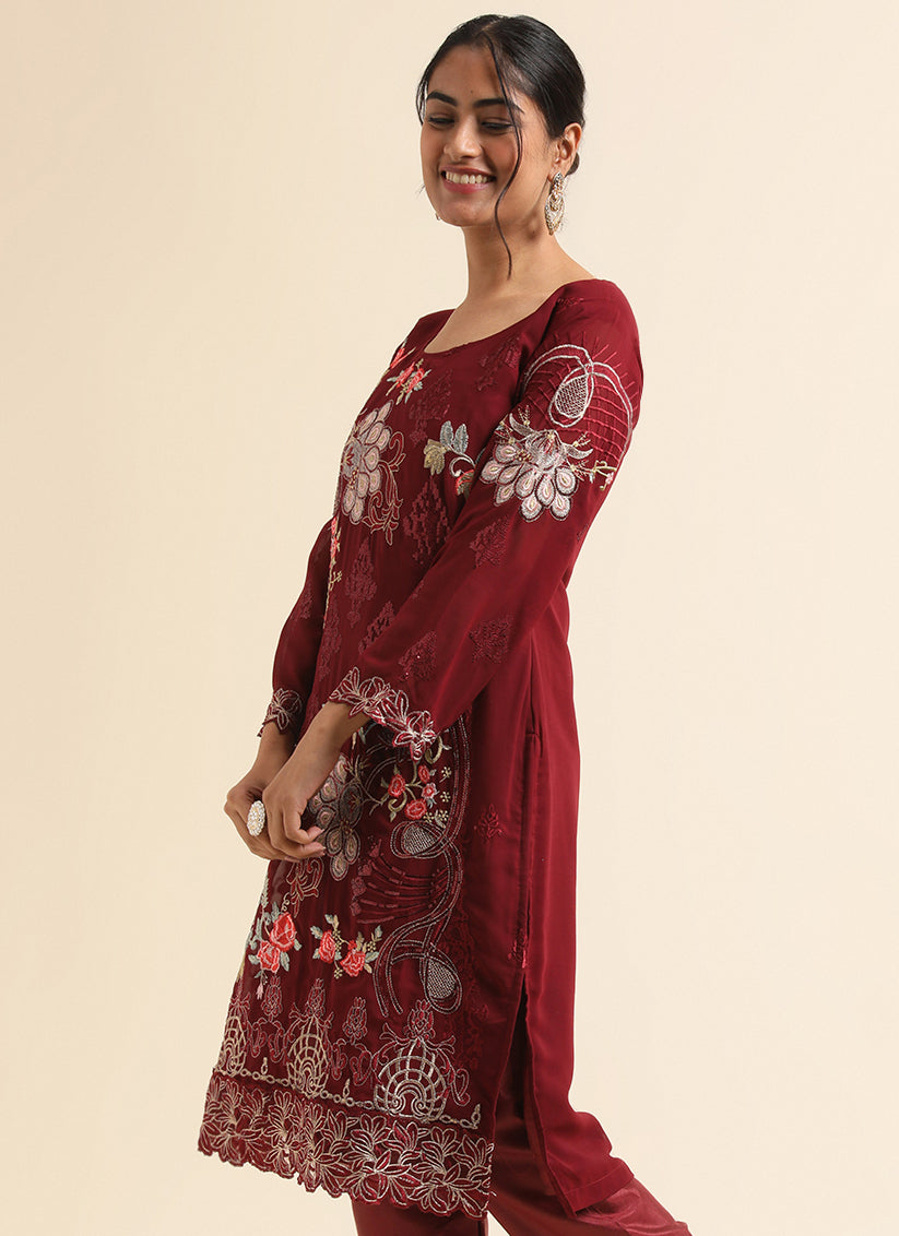 Maroon Faux Georgette Embroidered Pant Kameez Suit