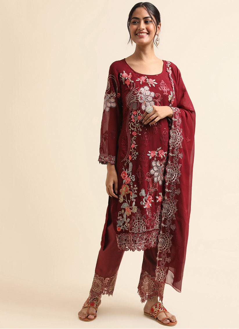 Maroon Faux Georgette Embroidered Pant Kameez Suit